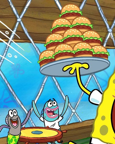 employees giving away free burgers at krusty krab restaurant